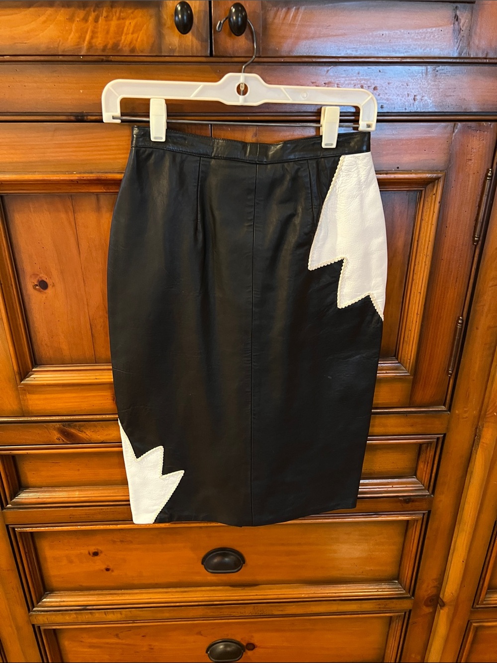 Black Leather Pencil Skirt with White Accent - Women's